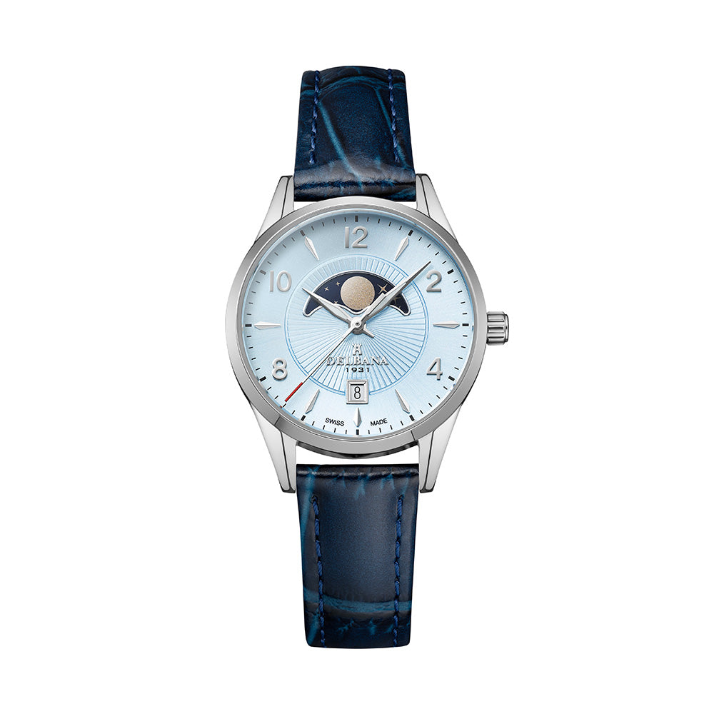 Delbana Lunetta stainless steel moonphase watch with light blue dial and navy blue leather strap