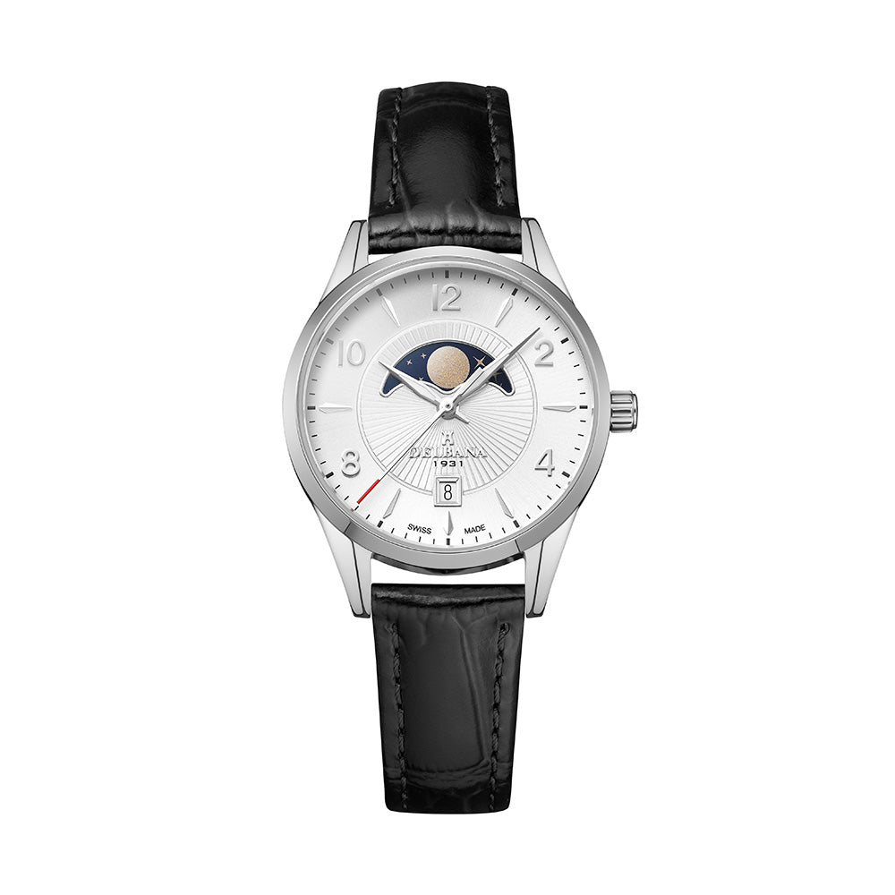 Delbana Lunetta stainless steel moonphase watch with silver dial and black leather strap