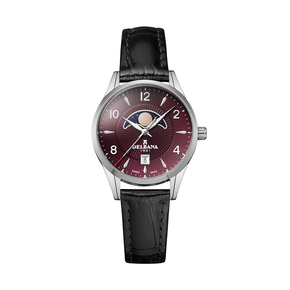 Delbana Lunetta stainless steel moonphase watch with burgundy dial and black leather strap