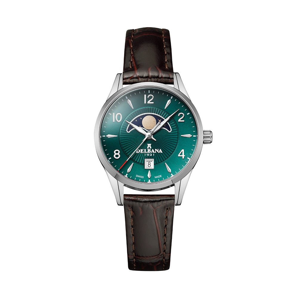 Delbana Lunetta stainless steel moonphase watch with deep teal dial and brown leather strap