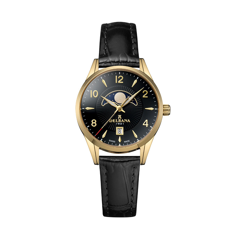 Delbana Lunetta stainless steel with yellow gold PVD moonphase watch with black dial and black leather strap