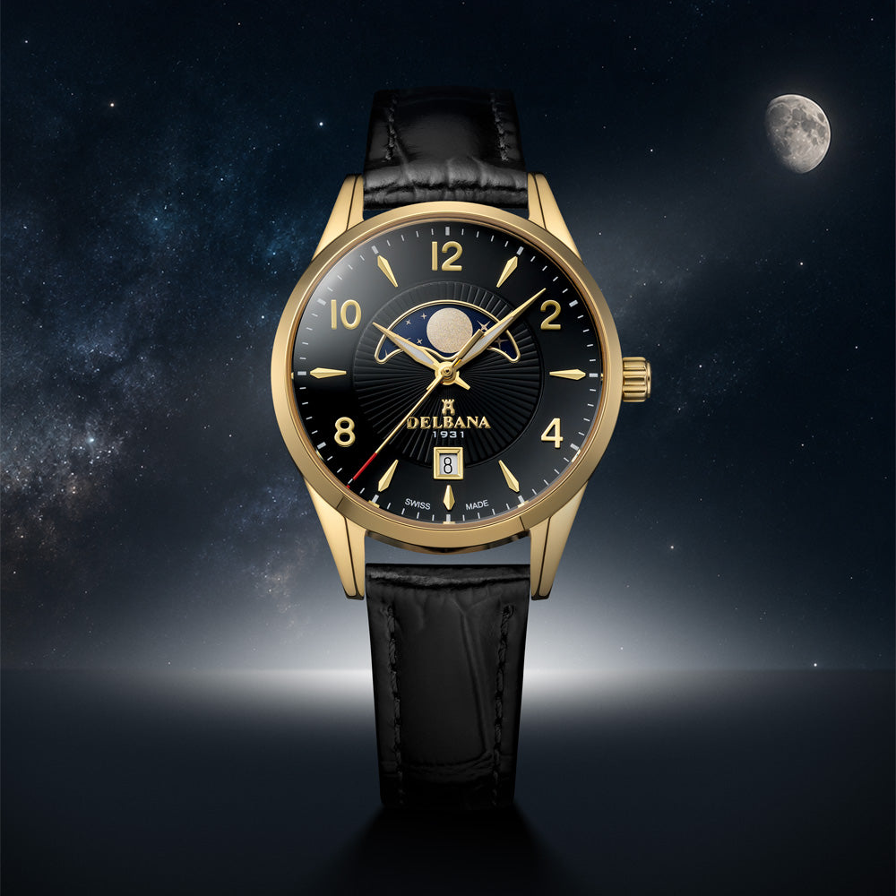 Delbana Lunetta stainless steel with yellow gold PVD moonphase watch with black dial and black leather strap in night sky