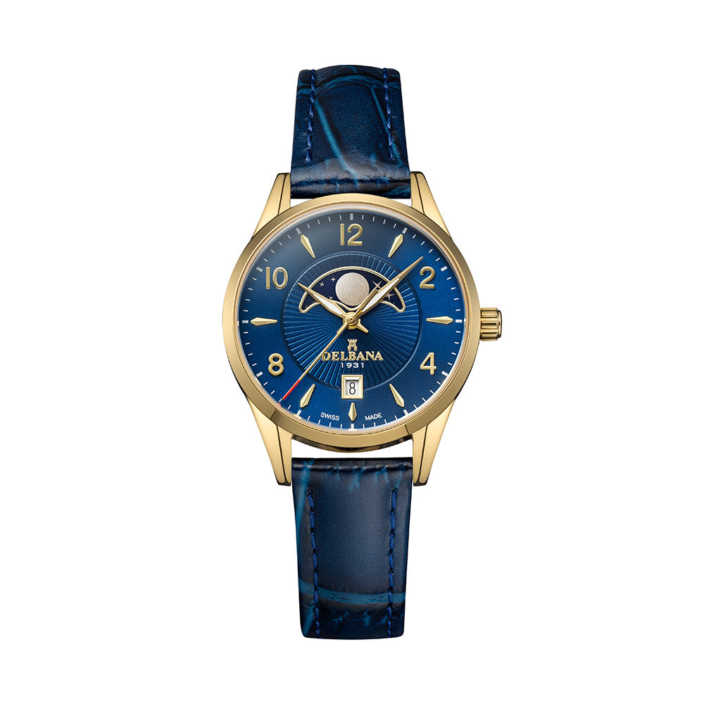 Delbana Lunetta stainless steel with yellow gold PVD moonphase watch with blue dial and blue leather strap