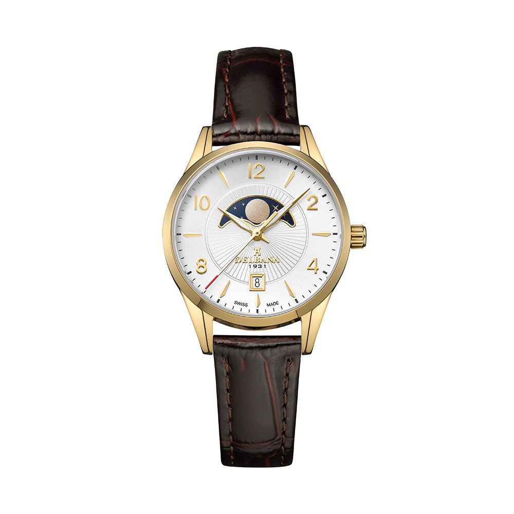 Delbana Lunetta stainless steel with yellow gold PVD moonphase watch with silver dial and brown leather strap